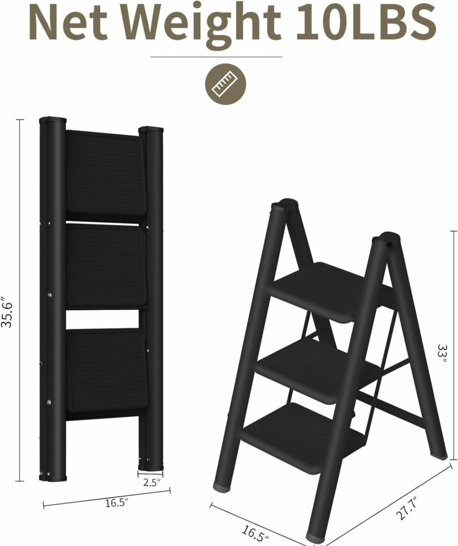 Home Improvement AriseWork | Arisework 3 Step Ladder, Lightweight Folding Step Stool Wide Anti-Slip Metal Pedal For Household Office Portable Stepladder, No Assembly Required Black