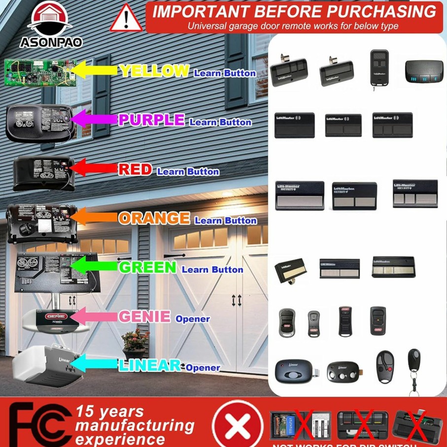 Home Improvement ASONPAO | Asonpao Lot Of 2-953Ev-P2 953Ev Universal Multi-Frequency Garage Door Opener Remote 3-Button Compatible With Chamberlain/Liftmaster/Sears Craftsman/Genie/Linear Garage Door Openers