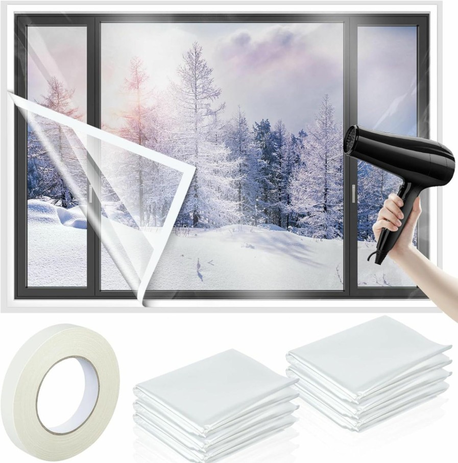 Home Improvement Chivertion | Chivertion 6 Pcs 47 X 63 Inch Clear Shrink Window Kit With 111.6Ft Double Side Tape Window Insulation Kit Window Plastic Thermal Waterproof Attic Insulation Cover Warm Winter For Winter Windows