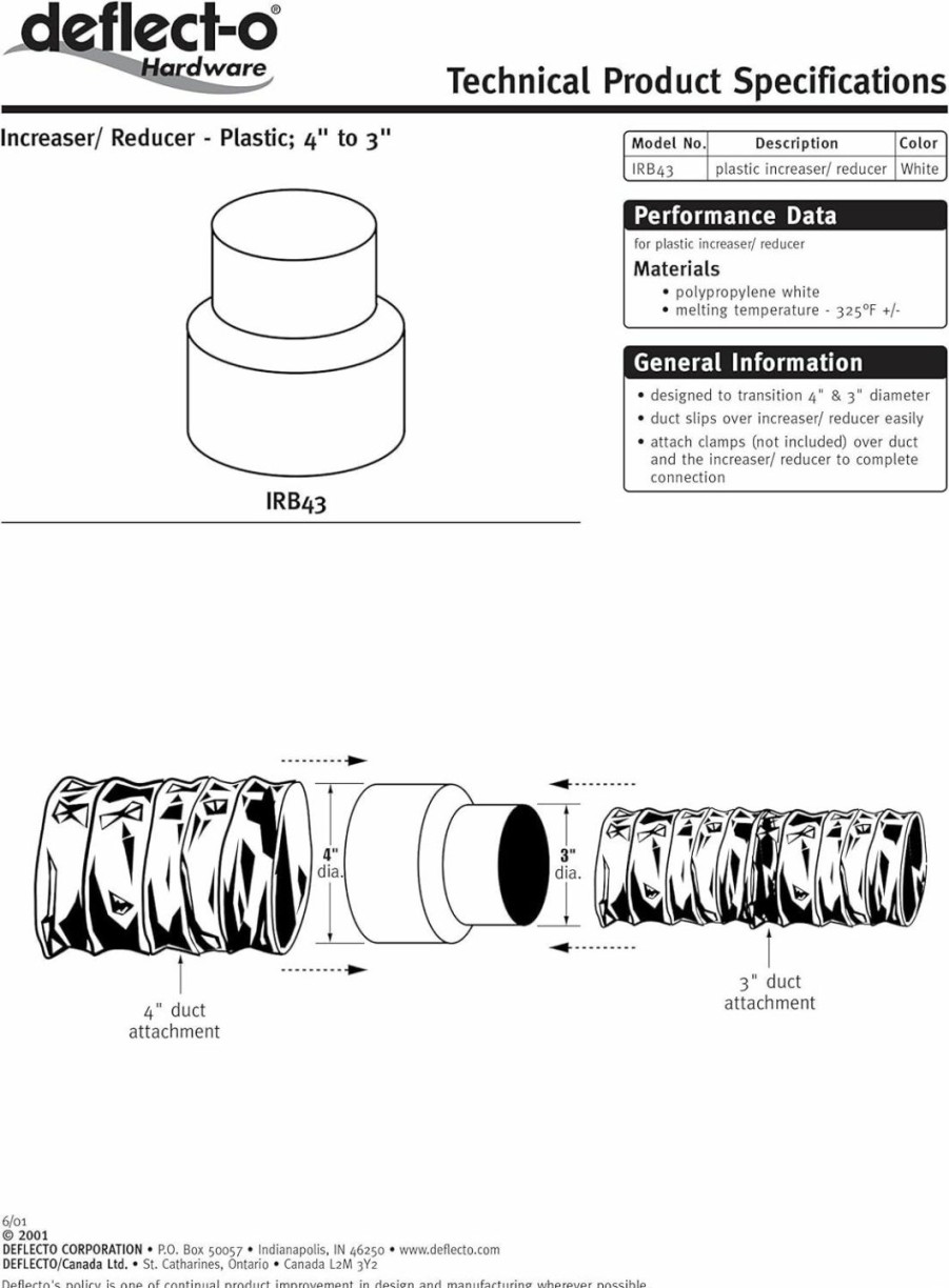 Home Improvement Deflecto | Deflecto Duct Increaser And Reducer, Plastic Inline Adapter, White, 4" To 3" (Irb43)