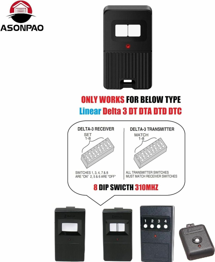 Home Improvement ASONPAO | Asonpao 2 For Linear Dtc Delta 3 Remote Garage Door Transmitter 8 Dip Switch 310Mhz(Dt Dta Dtd Dtc Dnt00002A)