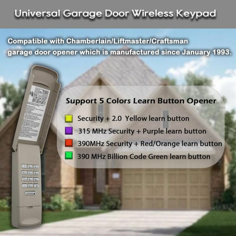 Home Improvement JUSTHILLUP | Universal Garage Door Opener Keypad, Compatible With Liftmaster/Chamberlain/Craftsman Opener With Red/Orange, Yellow, Purple, Green Color Learn Button, Replace G940Ev-P2, 878Max, 877Max, 877Lm