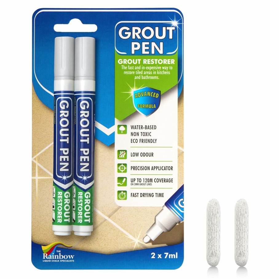 Home Improvement Rainbow Chalk Markers Limited | Grout Pen Light Grey Tile Paint Marker: Waterproof Grout Paint, Tile Grout Colorant And Sealer Pen - Narrow 5Mm, 2 Pack With Extra Tips (7Ml) - Light Grey