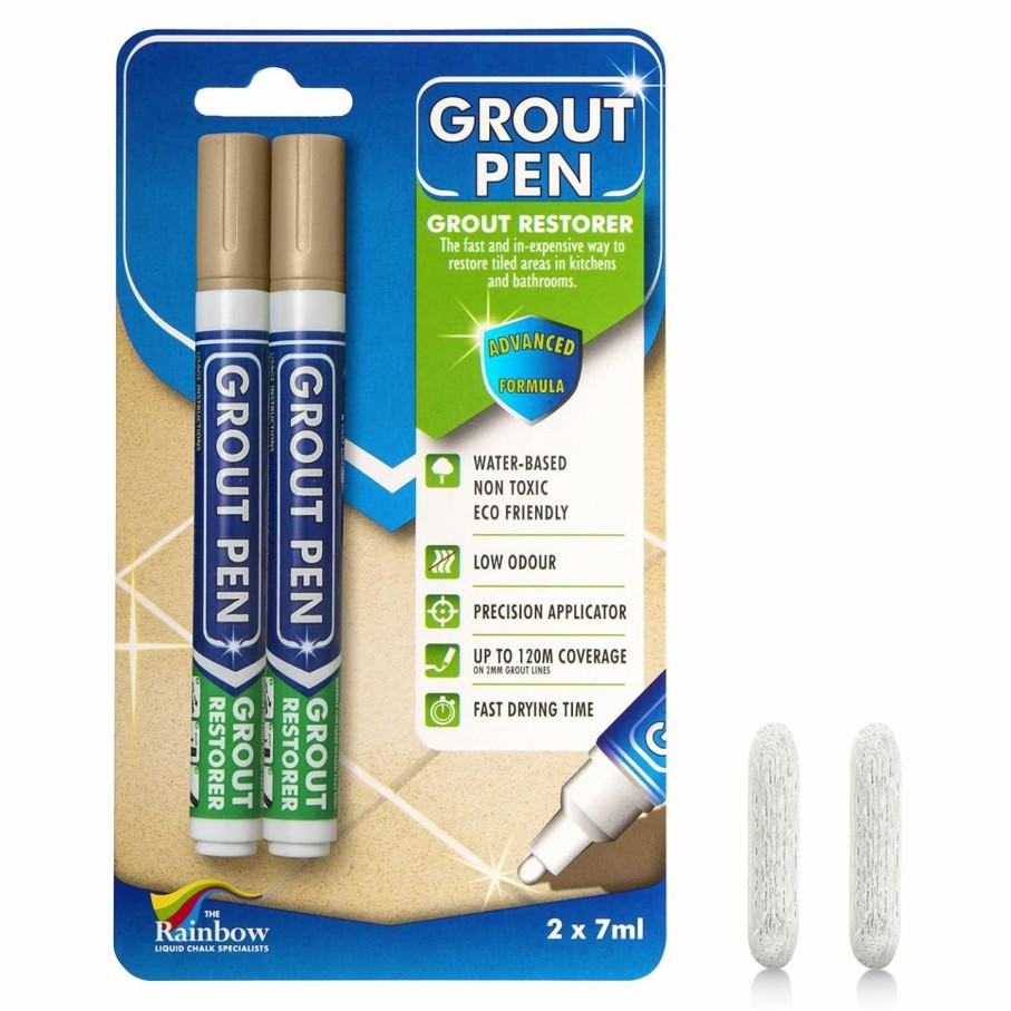 Home Improvement Rainbow Chalk Markers Limited | Grout Pen Beige Tile Paint Marker: Waterproof Grout Paint, Tile Grout Colorant And Sealer Pen - Narrow 5Mm, 2 Pack With Extra Tips (7Ml) - Beige