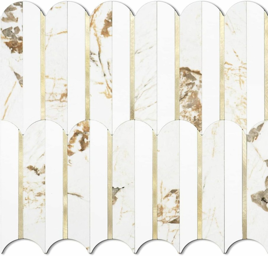 Home Improvement Vamos Tile | Vamos Peel And Stick Backsplash Seamless Tile For Kitchen And Bathroom,White And Beige Slate Pvc Mixed Light Gold Self Adhesive Fish Scale Metal Mosaic Tiles (10 Sheets)