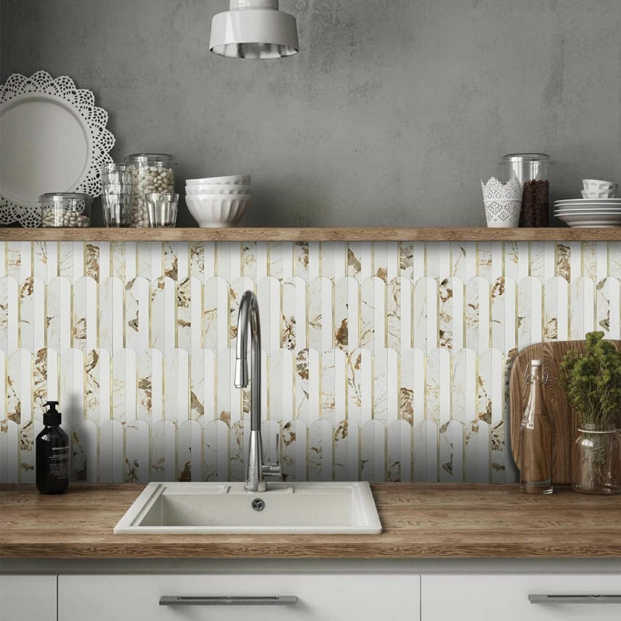 Home Improvement Vamos Tile | Vamos Peel And Stick Backsplash Seamless Tile For Kitchen And Bathroom,White And Beige Slate Pvc Mixed Light Gold Self Adhesive Fish Scale Metal Mosaic Tiles (10 Sheets)