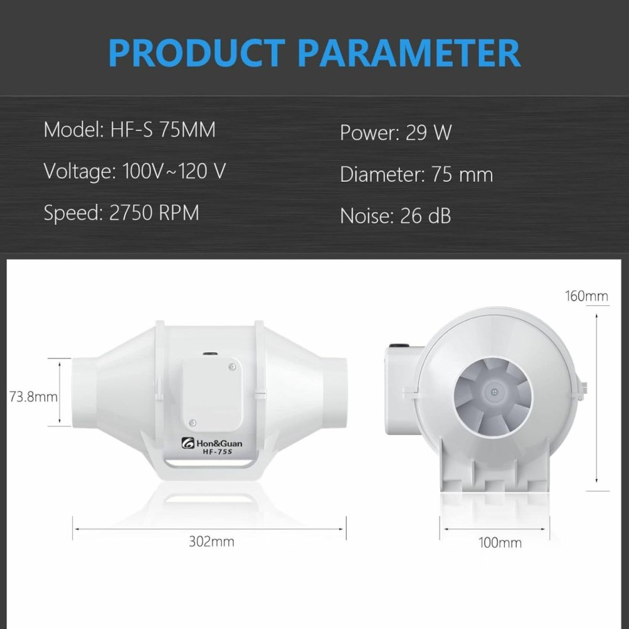 Home Improvement Hon&Guan | Hon&Guan 3 Inch Duct Fan, High Efficiency Inline Fan Mixed Flow Ventilation System Exhaust Air Fan For Bathroom, Kitchen, Grow Tent, 3D Printer (S Series)