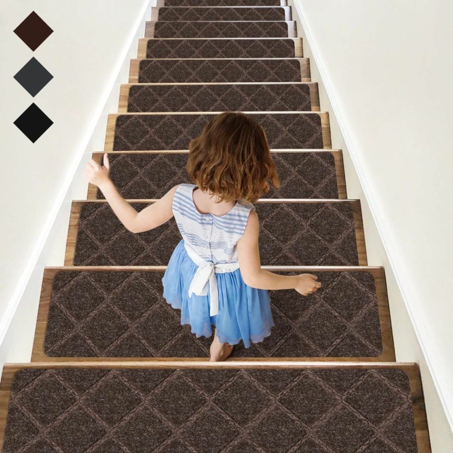 Home Improvement RIOLAND | Rioland Stair Treads Carpet Non-Slip Indoor 15 Pcs Wood Stair Treads Rugs Anti Moving Modern Stair Runners Safety For Kids Dogs, 8\" X 30\", Diamond Gray