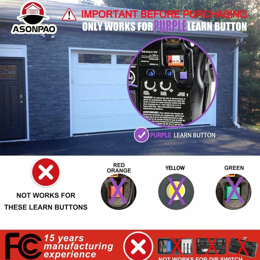 Home Improvement ASONPAO | Asonpao 950Cd 371Lm 373Lm 953Cd 315Mhz Security+ 1-Button Remote Only For A (Purple Learn Button) Of Liftmaster/Chamberlain Garage Door Opener(2Pack)